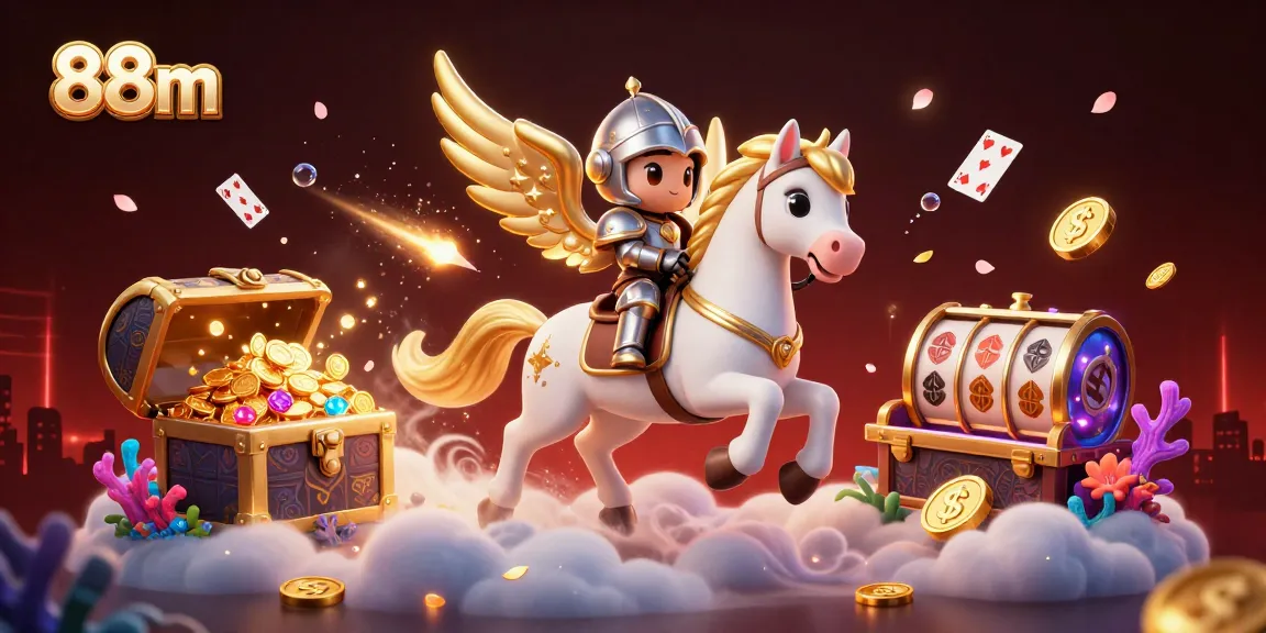 Experience thrilling gameplay at 88m with a vibrant 3D casino scene featuring slots and treasures.