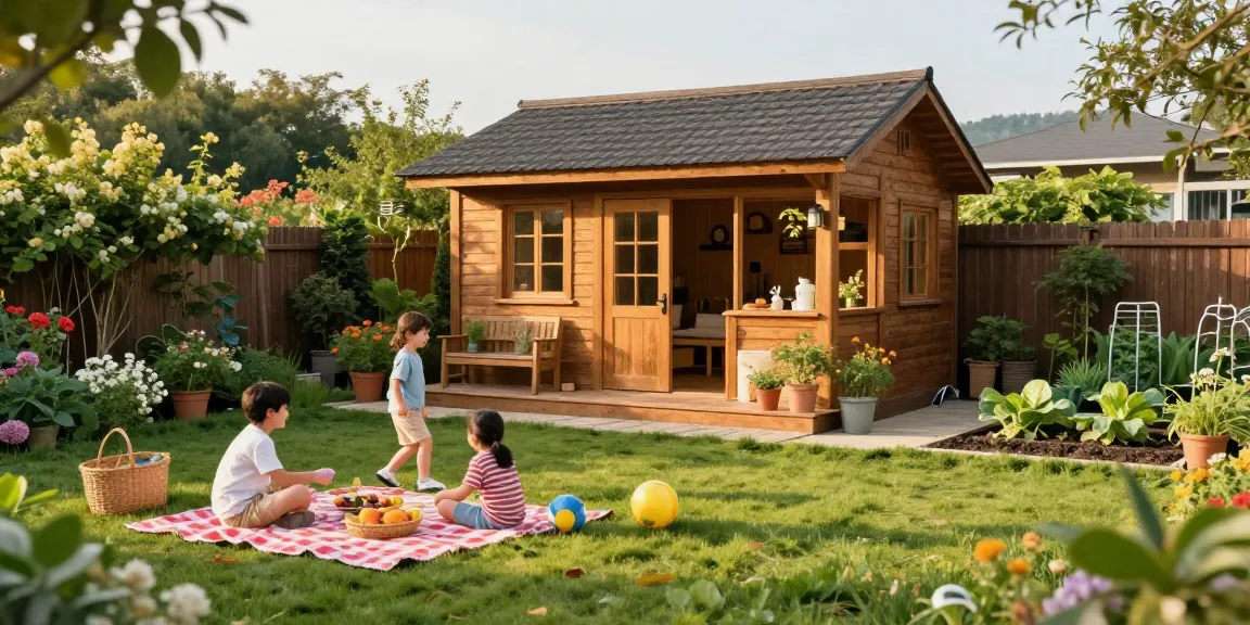 Gartenhaus Holz im Garten mit Familie beim Picknick, blühende Pflanzen und entspannte Atmosphäre